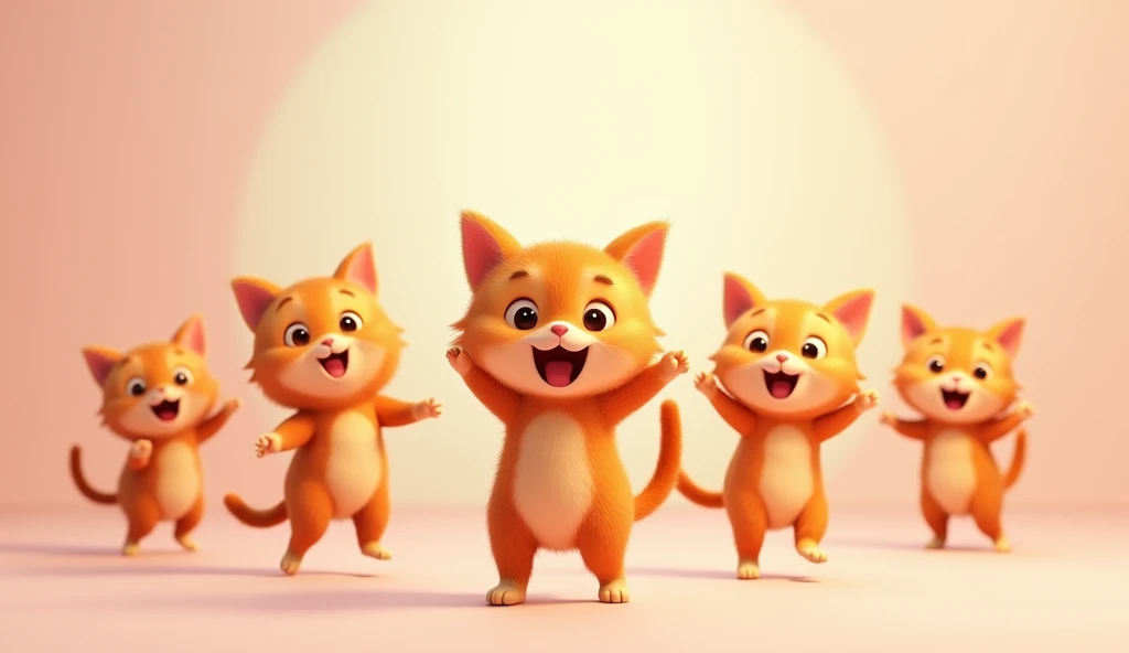 Youtube channel banner with image of a tabby cat and friends dancing, simple 3d style, simple, cute, with the words "Kidzy Channel"