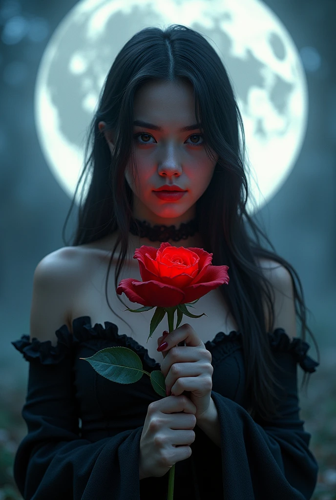Picture a mysterious, beautiful girl standing beneath a luminous full moon. She holds a dark red rose with petals that seem to shift from vibrant crimson to deep black at the edges. The moonlight casts a soft, magical glow on her, highlighting her enigmatic expression and adding a touch of elegance to the scene. Her attire, a blend of dark and shimmering fabrics, complements the rose and the moon’s ethereal light. The background is a blend of twilight blues and gentle silver, creating an air of intrigue and allure.