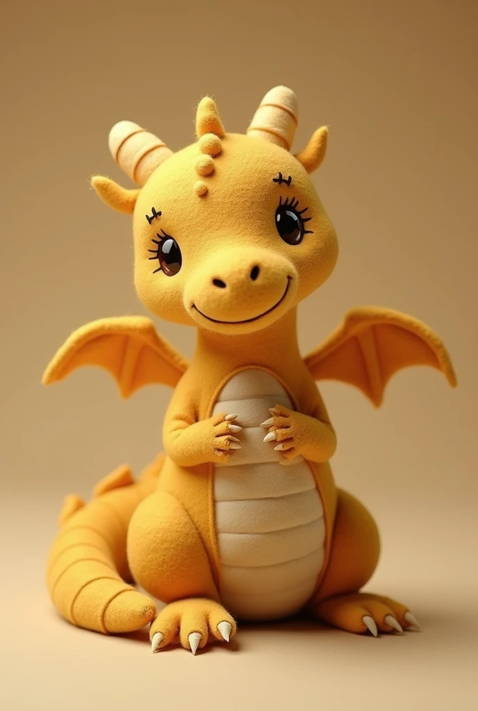 A felt dragon inspired by peanuts, with a warm brown and beige color scheme. The dragon’s body is covered in textured felt that resembles peanut shells, with segmented patterns to mimic the nut’s texture. Its wings and tail have accents of light tan, and it features small, curious eyes with a playful expression.