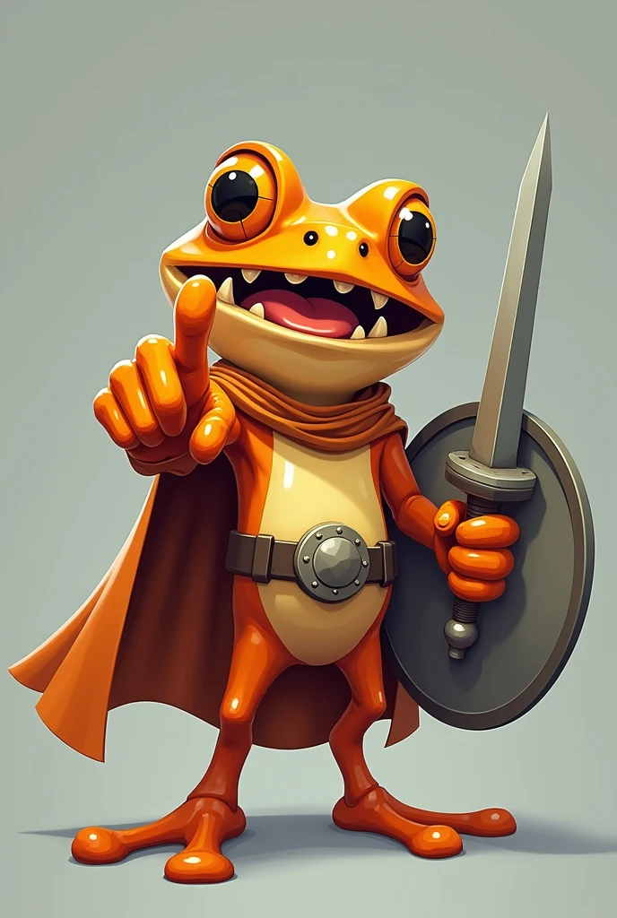 ((cartoon frog))), ((orange))), ((gray))), and ((child hero frog on the back))), wearing ((hero's clothes and cloak,)) He holds (((sword and shield))) in his hands and points at the camera with a psychotic expression.