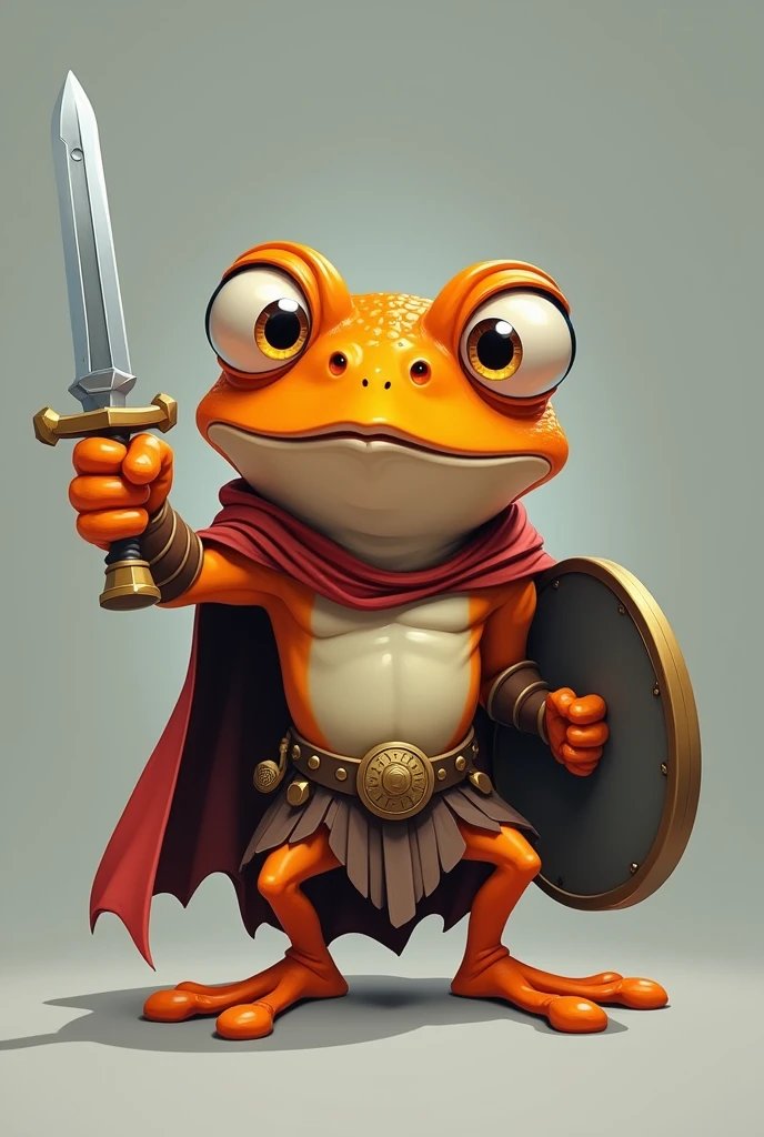 ((cartoon frog))), ((orange))), ((gray))), and ((child hero frog on the back))), wearing ((hero's clothes and cloak,)) He holds (((sword and shield))) in his hands and points at the camera with a psychotic expression.