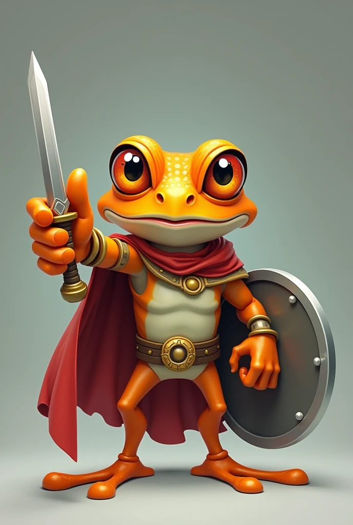 ((cartoon frog))), ((orange))), ((gray))), and ((child hero frog on the back))), wearing ((hero's clothes and cloak,)) He holds (((sword and shield))) in his hands and points at the camera with a psychotic expression.
