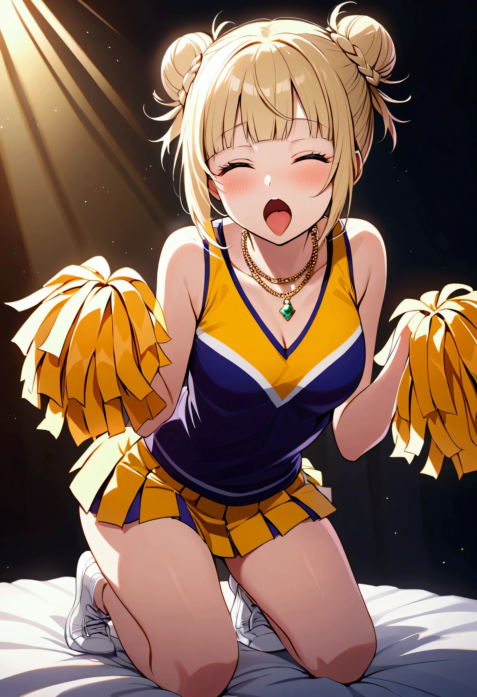 cheerleader ,  yawning with eyes closed , bun hair style , wearing necklace, on bed, kneeling with butts up, himiko toga, 