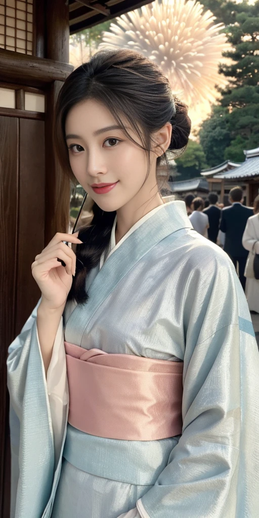 (((top quality, 8k, masterpiece))), crisp focus, (beautiful woman with perfect figure), slender, (hairstyle: up)), ((kimono: Kara)), street: 1.2 Highly detailed face and skin texture Detailed eyes Double eyelids random posture, (smile),super cute Japan person,super beauty Japanese girl, realistic face, double eyelid,smile,summer festival , at sunset ,fire-works back-ground.