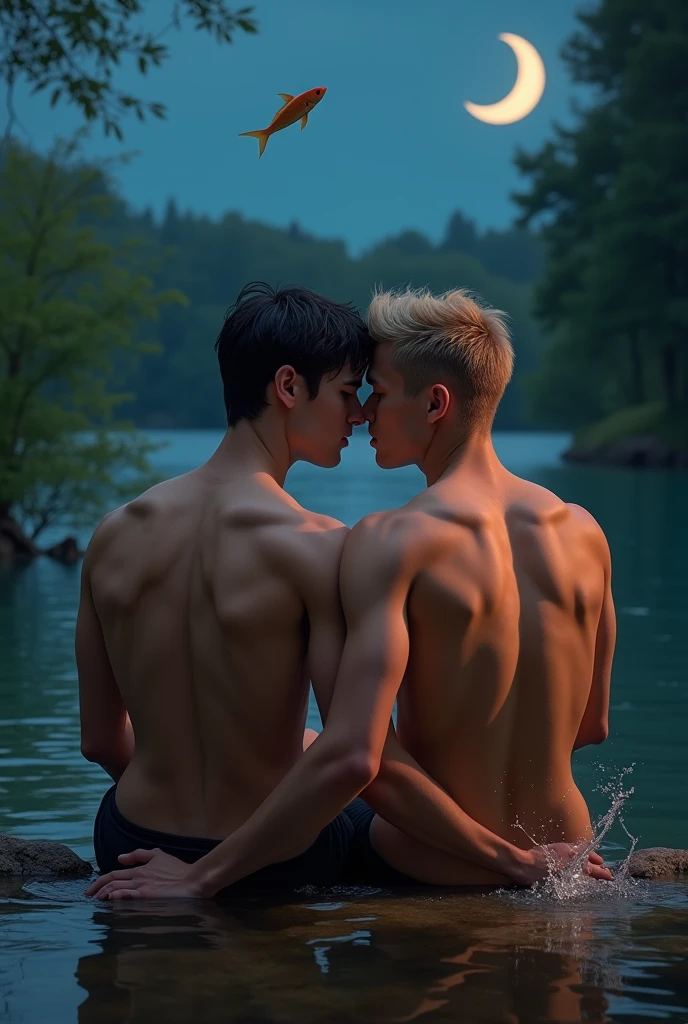 nsfw, yaoi, best quality, masterpiece, extremely detailed, close up, two handsome and athletic young men, nude, naked, no clothes, extremely handsome 2 man with middle parting dark hair, extremely handsome 20 year old korean man with short blond hair, muscular build, sitting by a lake, looking at each other lovingly, a fish jumps out of the water, crescent moon in the sky, vibrant colors, extremely romantic atmosphere, dark cinematic lighting, dramatic shadows, perfect hands, perfect fingers, perfect face