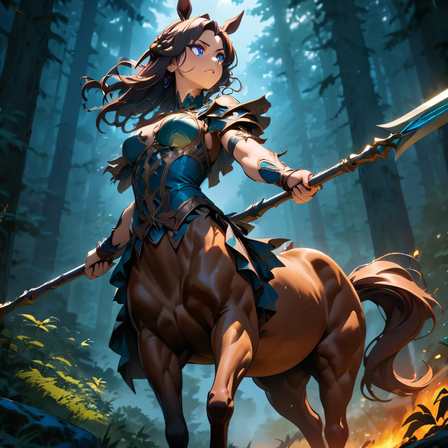 a centaur in a forest, looking into the distance, wary of the surroundings, dignified face, strong gaze, beautiful detailed eyes, beautiful detailed lips, extremely detailed face, horse, 1 centaur, (best quality,4k,8k,highres,masterpiece:1.2),ultra-detailed,(anime style),concept art, fantasy, dynamic pose, dramatic lighting, vivid colors, cinematic atmosphere,(have a spear)