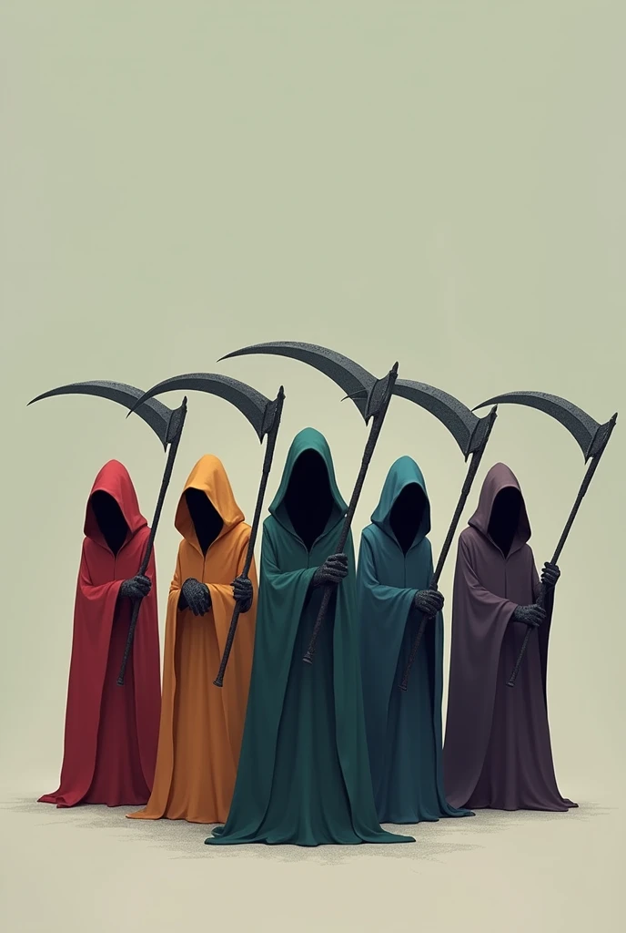 Five faceless and differently colored small grim reapers in 2D mode with no background, each wielding a scythe