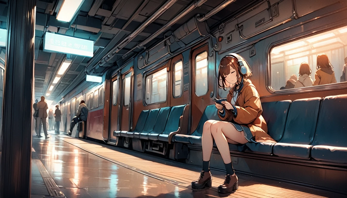 Ultra high resolution, pulling shooting, pulling composition, wide angle, 90s retro style, short-haired woman with brown hair dull bangs is sitting on a bench on a subway platform where the train is not coming, drawing a woman in the center small
Listening to music with your eyes closed and headphones on, advertising backgrounds on the wall, moody lighting, scenes shooting from the platform opposite, wide-angle shooting, high-contrast lighting,