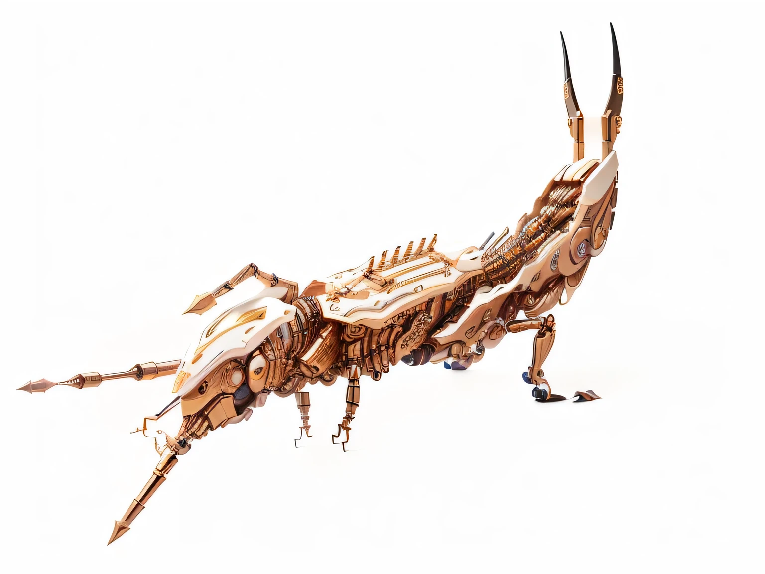 IvoryGoldAI robotic mechanical transformer earwig, isolated, solid background