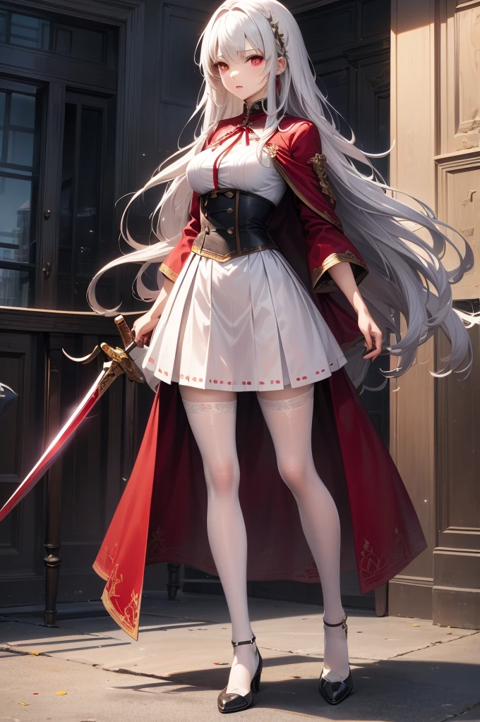 Girl, so beautiful,beauty, Red Eyes, Western clothing, White clothes, Red Cape, Holding a sword, Silver Hair,Long Hair, whole body, shoes, Simple Background, so beautiful, One person, cute, Long sword、mini skirt、Two Legs,Facing forward,Are standing,Well-formed face、Highly detailed face、Perfect lighting、Extremely detailed CG、(Perfect hands、Perfect Anatomy)、Dynamic pose、