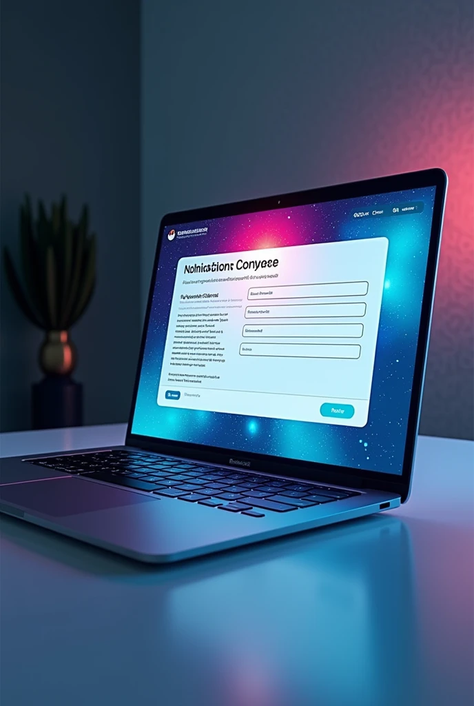 A sleek laptop displaying the nomination form, with the tagline “ SUBMIT YOUR NOMINATION TODAY ” in a vibrant font. Extremely detail laptop , Extremely detailed tagline , Extremely detail suitable background, Extremely detail laptop front view