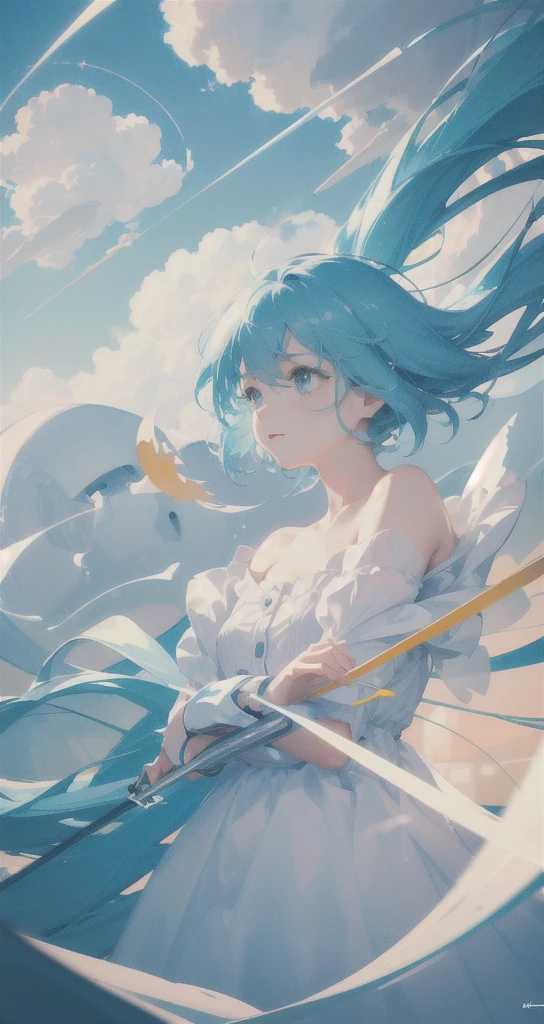 masterpiece, best quality, movie still, 1girl, floating in the sky, cloud girl, cloud, (close-up:1.1), bright, happy, fun, soft lighting, (Bauhaus, shapes, lines, abstract:1.1)