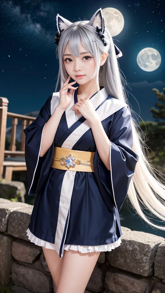 **Prompt:** Create an ultra-realistic 8K resolution image of Tsukuyomi, the Japanese moon god from Shinto mythology, reimagined as the ultimate moe character while retaining the deity's iconic features. Tsukuyomi is depicted with an adorable, youthful appearance, featuring large, shimmering silver eyes that exude a gentle and innocent charm. Her long, flowing silver hair is styled in soft, voluminous waves with cute hairpins shaped like crescent moons and stars, adding a playful touch.

Her outfit is a blend of traditional and modern moe fashion, with a short, frilly kimono in shades of pale blue and white, adorned with delicate moon and star patterns. The kimono has oversized sleeves and a ribbon tied around her waist, creating a cute and enchanting silhouette. She wears knee-high socks with little moon charms attached, and her sandals are decorated with tiny stars.

Tsukuyomi's expression is sweet and slightly shy, with a gentle blush on her cheeks. She holds a small, glowing crescent moon in her hands, which emits a soft, calming light. Her posture is demure, with one hand gently touching her cheek as she gazes up at the night sky.

The background is a serene, moonlit landscape with sparkling stars and a gentle breeze, creating a peaceful and enchanting atmosphere. The setting perfectly complements Tsukuyomi's moe transformation, blending the deity's celestial origins with the irresistible charm of a modern moe character, resulting in a figure that is both captivating and heartwarming.