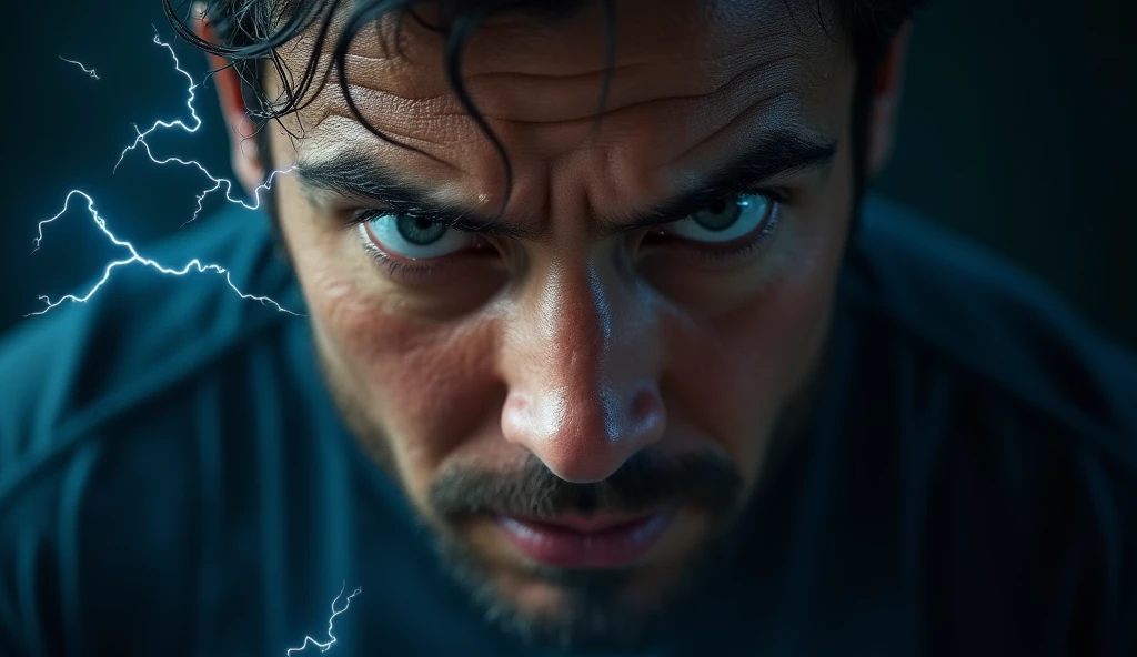 "Create a powerful and intense image for a motivational YouTube video thumbnail. The image should feature a close-up of a person's face showing intense determination and focus, with furrowed brows and piercing eyes. The background should be a dramatic and contrasting dark color, such as deep blue or black, to make the subject's expression stand out. Include dynamic elements like a subtle lightning bolt or burst of energy around the person's head to symbolize inner strength and power. The person should have beads of sweat on their forehead, indicating hard work and perseverance. The overall tone of the image should be bold, dramatic, and inspiring, conveying a sense of overcoming challenges and unleashing inner potential."