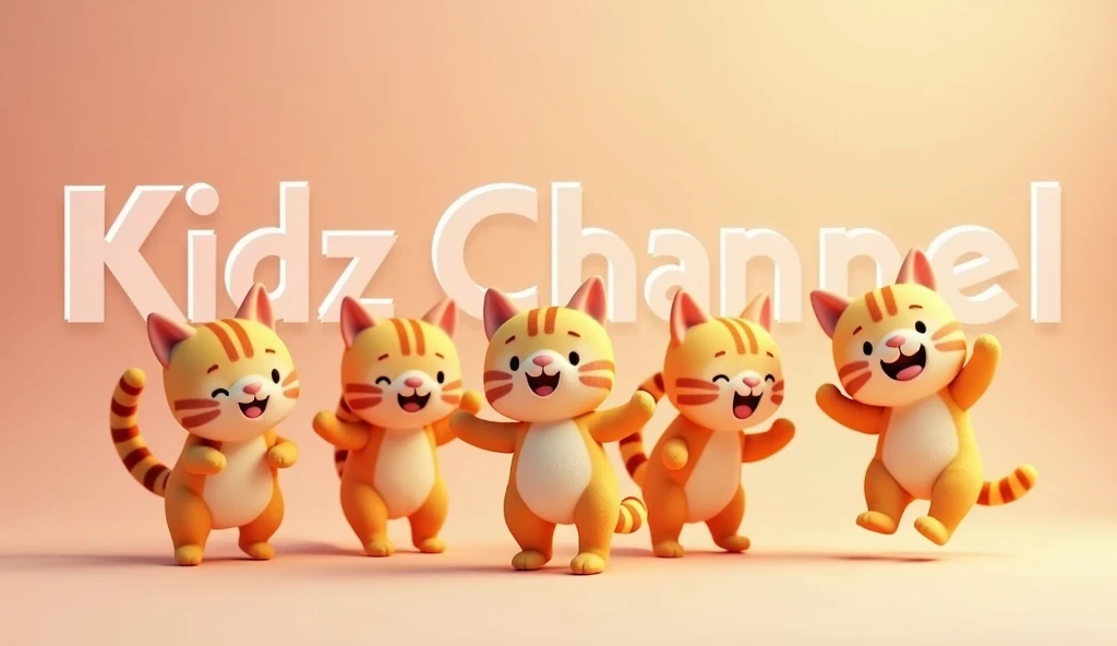 Youtube channel banner with image of a tabby cat and friends dancing, simple 3d style, simple, cute, with the words "Kidzy Channel"