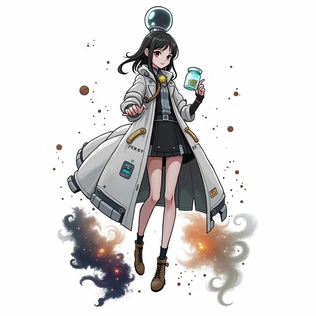 a drawing of an anime girl in a futuristic space suit with labcoat, scientist girl in space suit, holding a jar, traditional anime art, traditional style, epic pencil illustration, hyper detailed manga drawing,