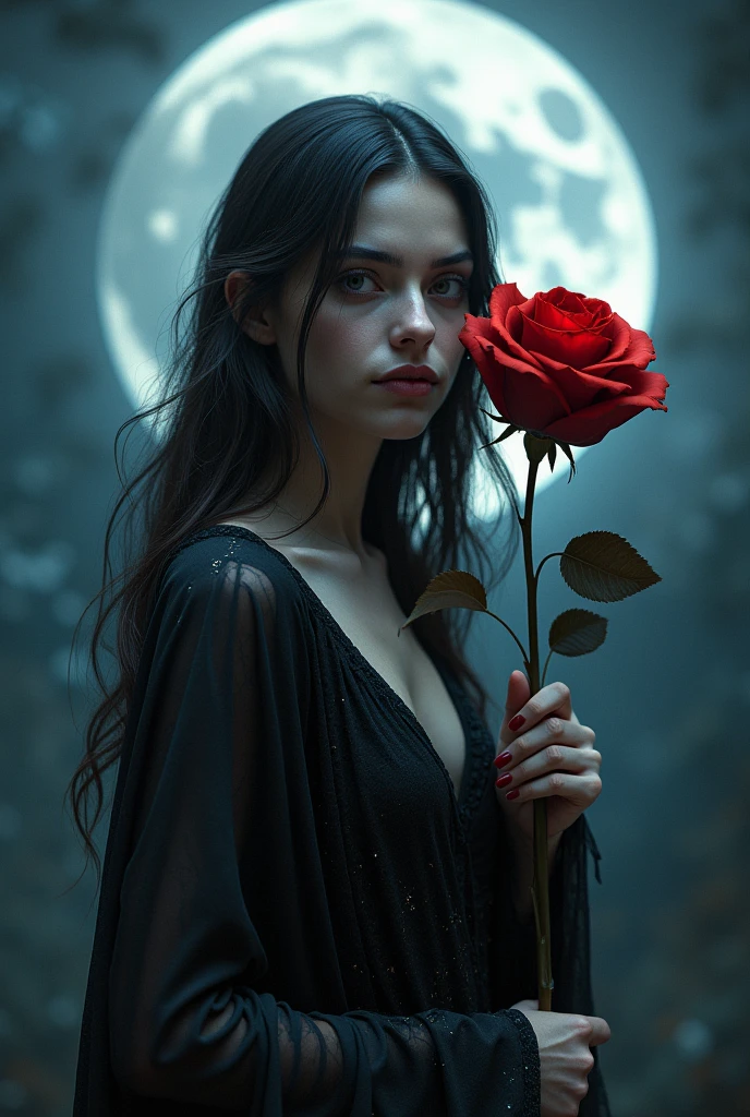 Picture a mysterious, beautiful girl standing beneath a luminous full moon. She holds a dark red rose with petals that seem to shift from vibrant crimson to deep black at the edges. The moonlight casts a soft, magical glow on her, highlighting her enigmatic expression and adding a touch of elegance to the scene. Her attire, a blend of dark and shimmering fabrics, complements the rose and the moon’s ethereal light. The background is a blend of twilight blues and gentle silver, creating an air of intrigue and allure.
