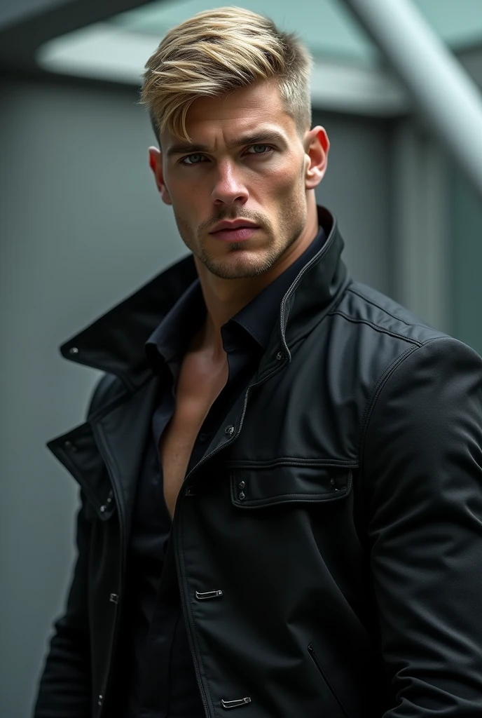 fot, masculine perfection, strong chin, fleshy lips, roman nose, short blonde hair, hazel eyes, hyperrealisti, 8k-v4 . Modern fashion haute couture futuristic fashion. Modern black clothing
