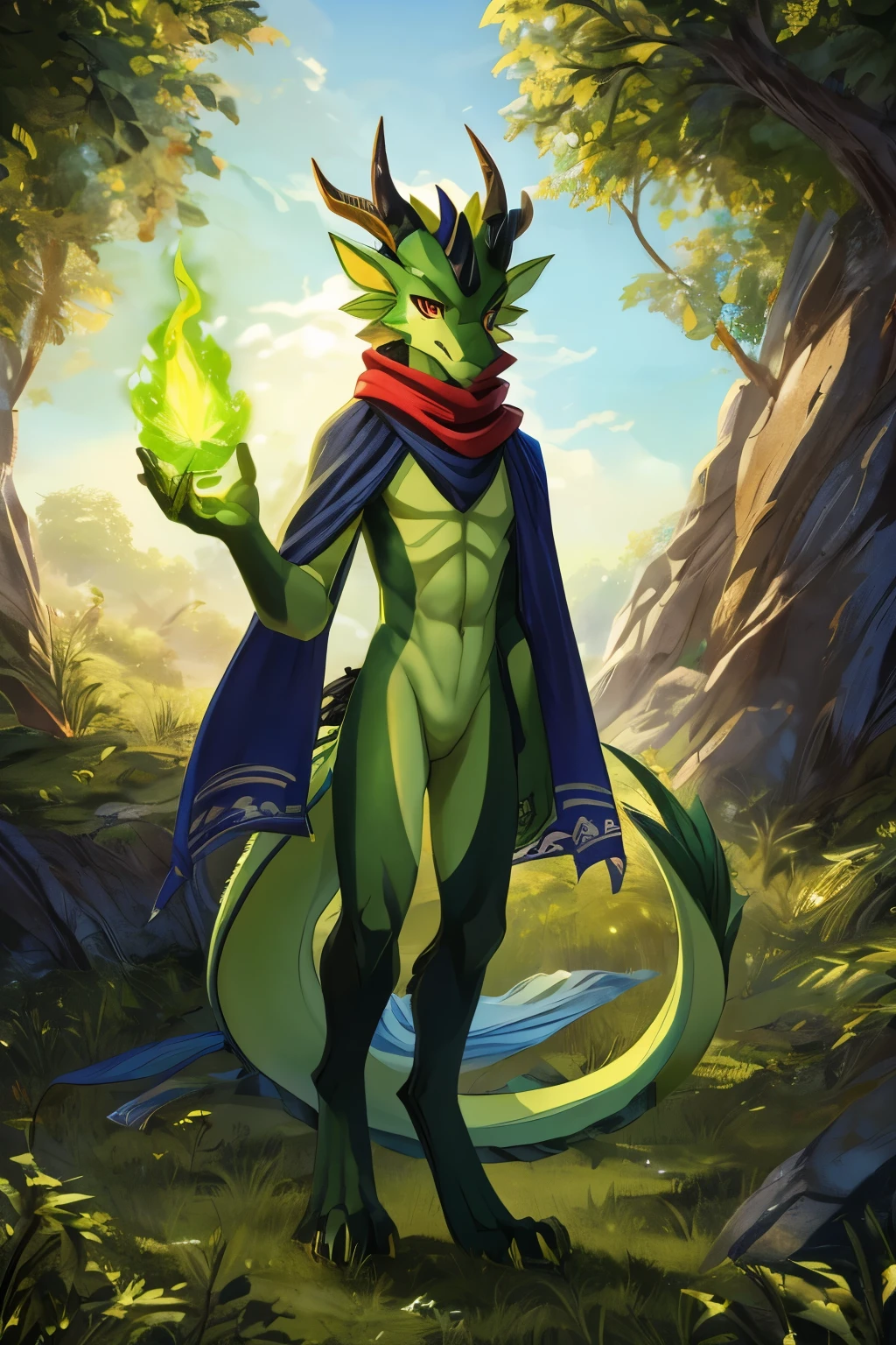 (anime), (front facing), (looking at the camera), slim furry green dragon, green fire magic, secondary body colors, (lime, yellow and red undertones), long muzzle, neck and tail fur, digitigrade, creative horns, feathers, (wearing only a scarf), nature background, full body