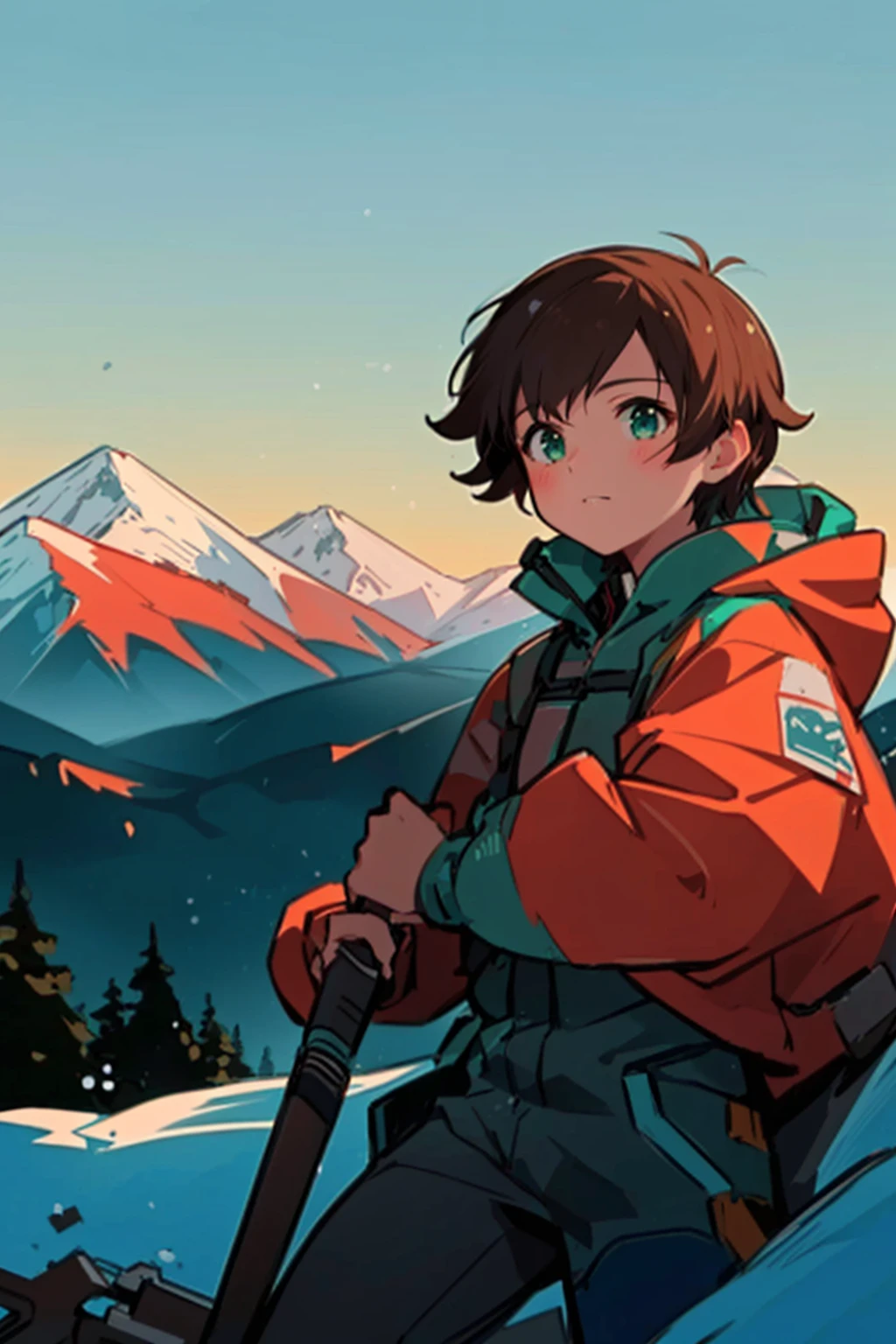 a close-up of a person on skis on a snowy surface, makoto shinkai ( apex legends ), Lofi Stylestyle, Lofi Style, anime illustrated, Anime digital illustration, offcial art, lofi portoRait, epic art style, flat anime style, lofi girl, girl from the alps, in the art style of 80s anime, offcial artwork