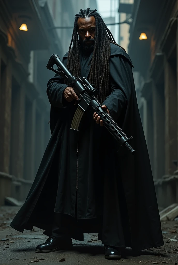 black man with long deads and wesring a long black coat, with a minugun instead of hand