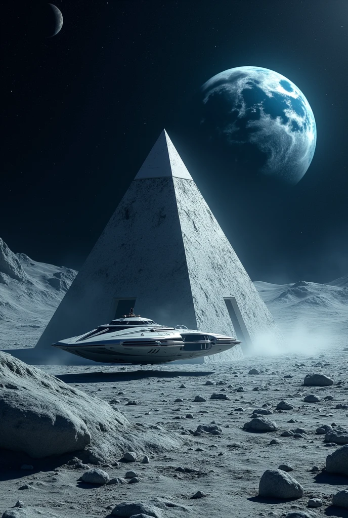 image of the moon&#39;s surface in dark, starry outer space, THERE IS AN ALIEN SPACE CRUISER SPACECRAFT COMING OUT OF THE PYRAMID ON THE SURFACE OF THE MOON, THERE IS A WIDE, GRAY PYRAMID OF ROCK THAT IS LEVITATING,  IT HAS A FAITHFUL IMAGE OF THE BLUE PLANET EARTH SHINING BLUE ON THE HORIZON IN THE DISTANCE AS REALISTIC AS POSSIBLE, as detailed as possible