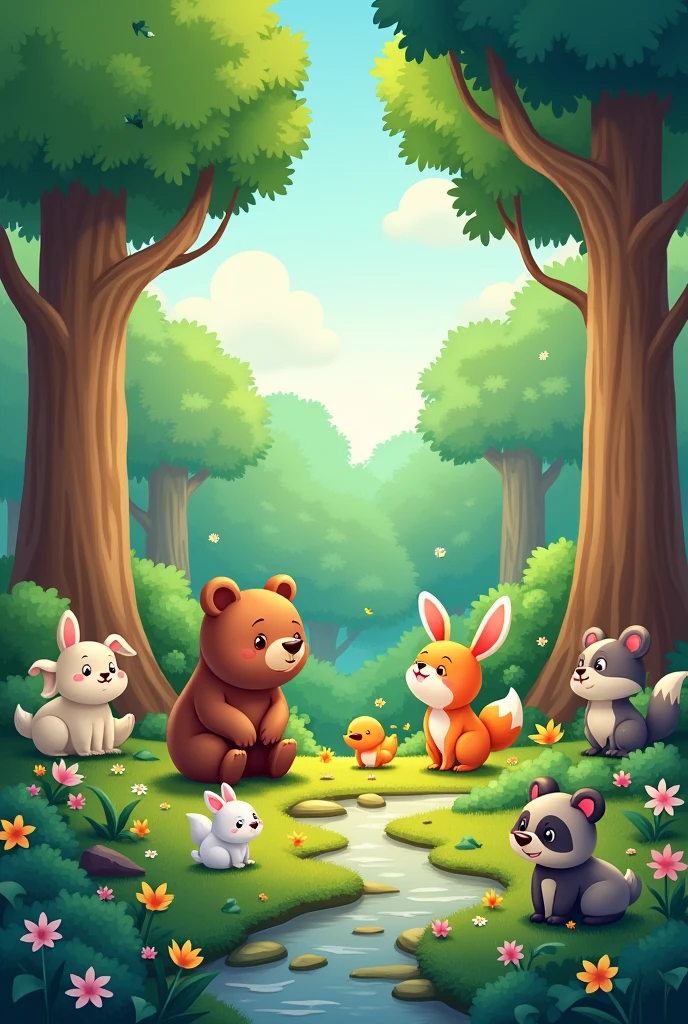 Create a cartoon where there is a brown bear , a white rabbit, little birds, Little fox and a family of raccoons in a forest