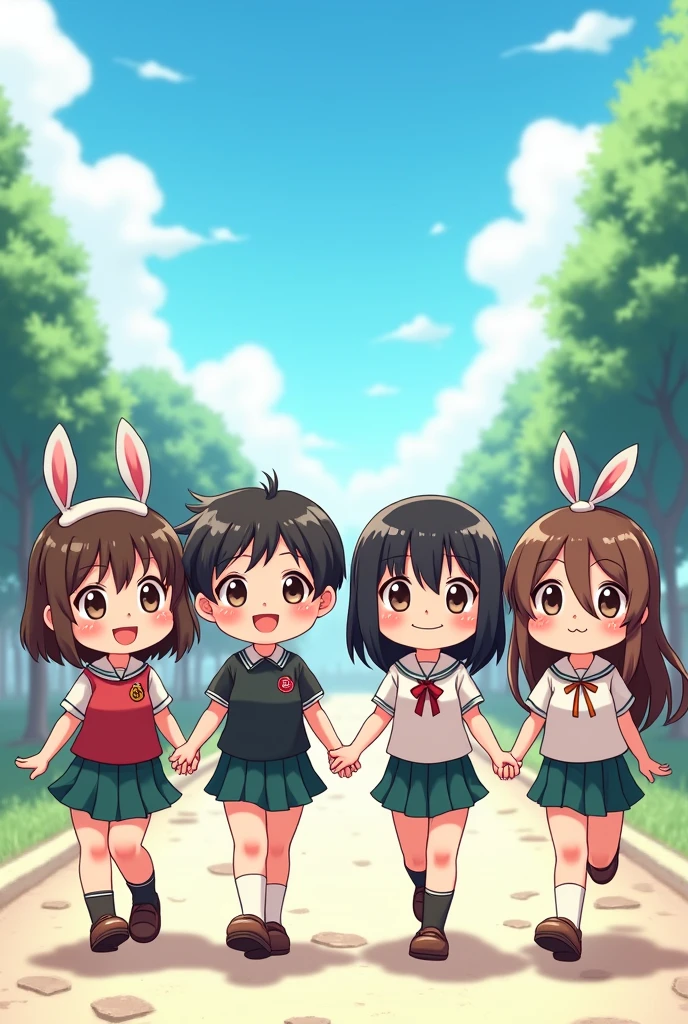 4 students in the form of a chivi character holding hands and walking together in anime style