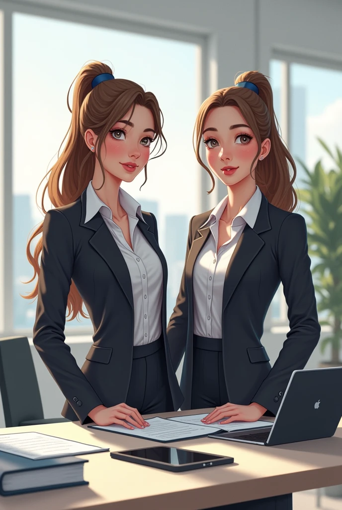 "Two beautiful women working in an office."