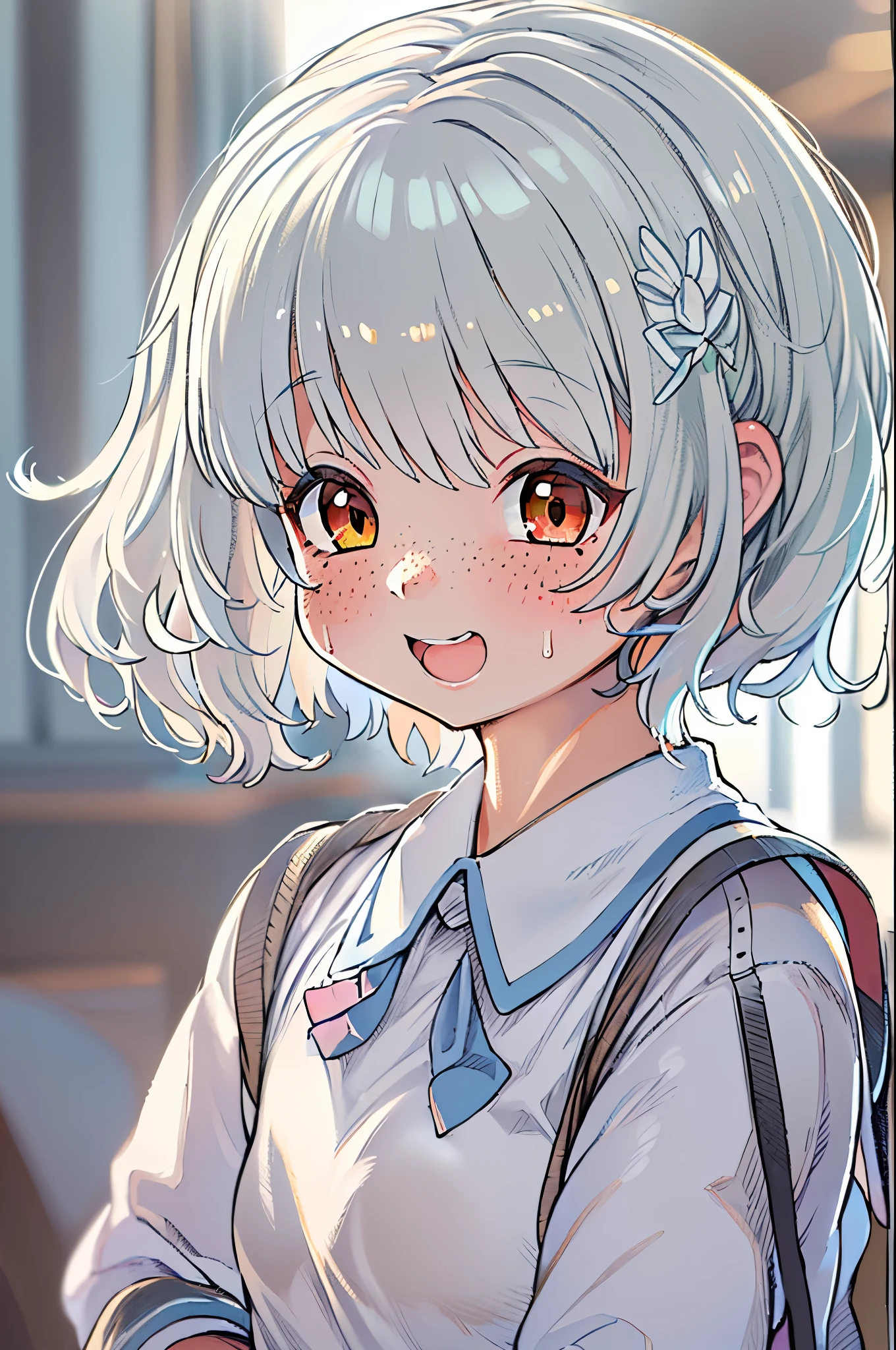 ((cute) | (Moe)| (sweet) | (Fresh)),((Main platform)|( Small Fresh meat)),((1 girl))/(Japanese School Uniform)| ((reFreshing)| (Neat)),((defect)|( freckles)),((4K)|( Ultra HD)),((Silver)|( Short Silver hair) | (Short white hair), Brown eyes, (Messy|Laughter) Hairstyle.