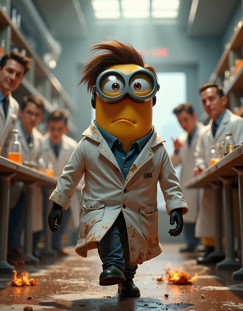 Other scientists stood watching. .Minion scientist Kevin in scientist suit. came out of the lab explosion fire covered in dust with burn marks.