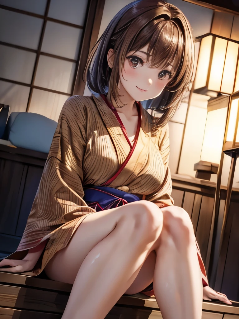 light brown hair, medium hair, hair over shoulder, red eyes, dutch angle, feet out of frame, UHD, masterpiece, high quality,yukata