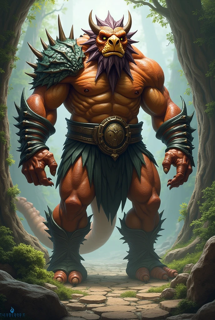 Create an image of a half-orc, half-dragonborn set in the Tal'dorei universe, Exandria, from the game Dungeon and Dragons. This character must have the body of an orc and the face of a dragonborn. The skin should be a little bit Orange And The face can look like The Dragon from The Hobbit film