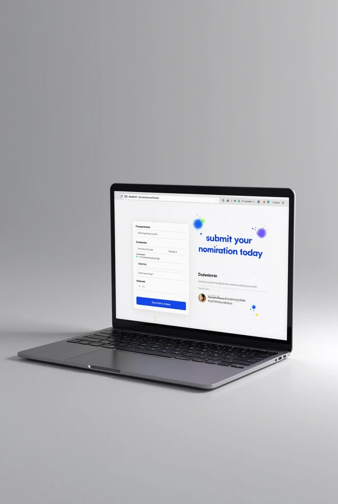 A sleek laptop displaying the nomination form, with the tagline “ SUBMIT YOUR NOMINATION TODAY ” in a vibrant font.