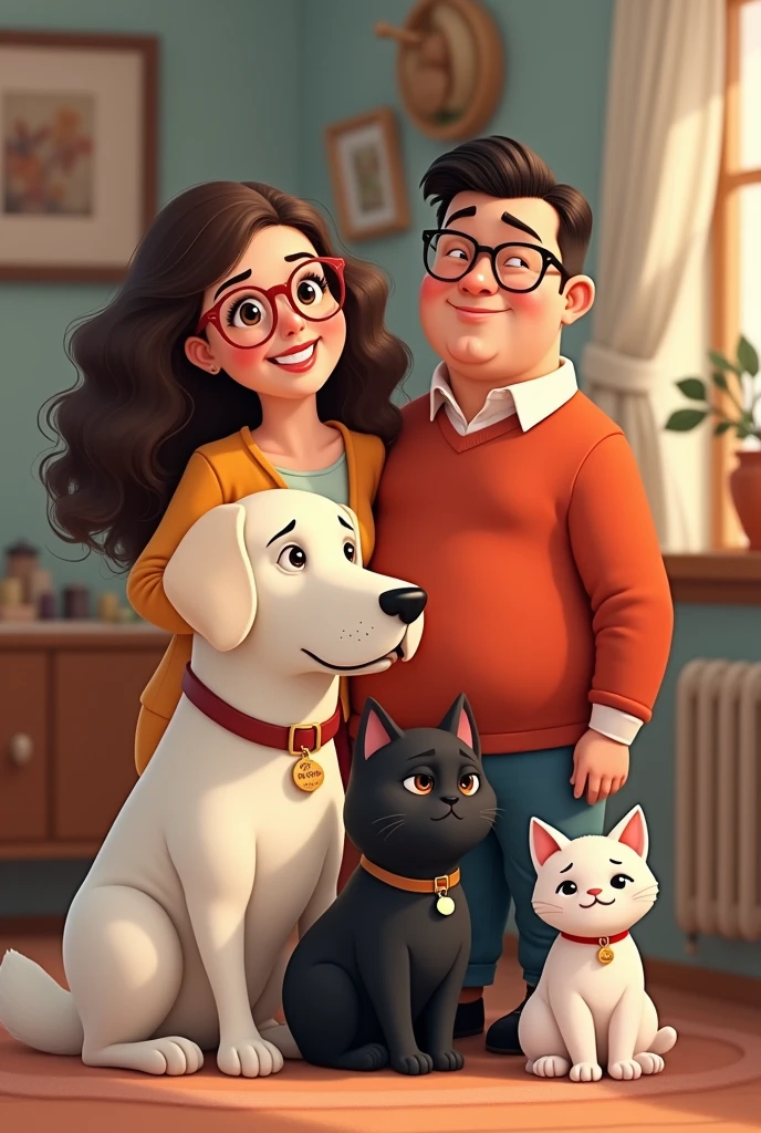 create a family image where a couple comes together, the fat man with square glasses, Slanted eyes, slightly dark, combed to one side, along with her female partner a little chubby with long brown curly hair with medium skin tone with round glasses Along with a large white Labrador dog with a small tag with the name Bonnie also a large black fat cat with a white spot on the middle of her face down to her belly with a tag with the name Micharda and another small white kitten with a tag with the name Kitty