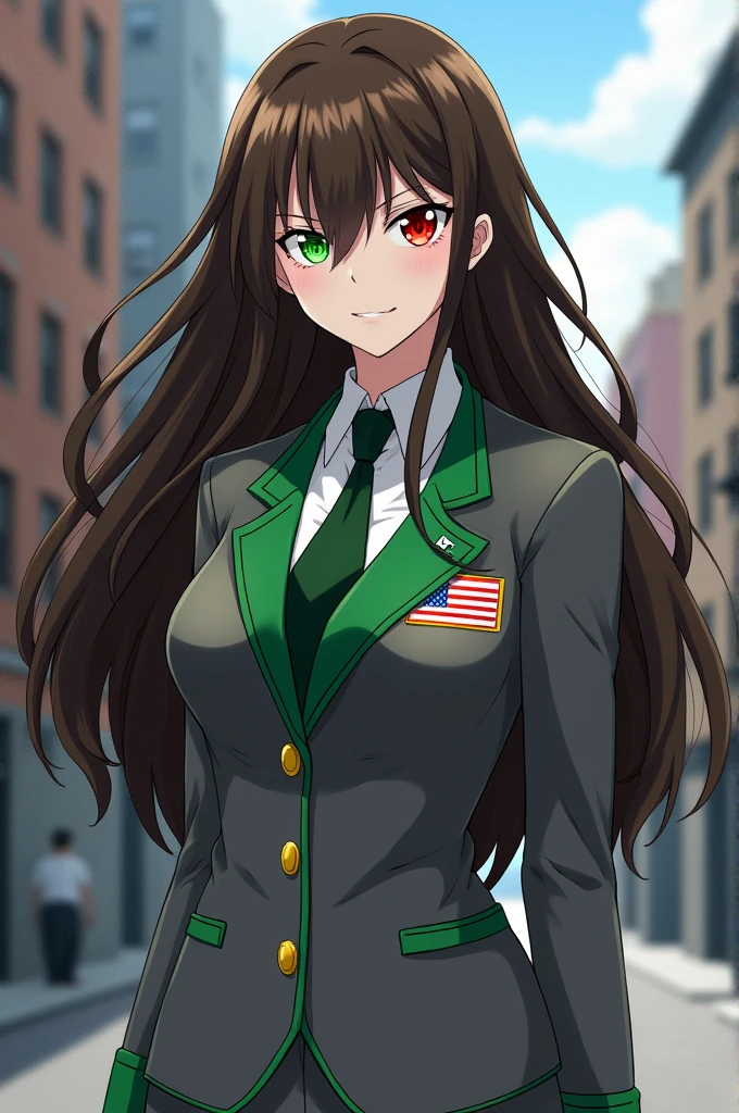 Adult woman white skin long brown hair eyes with heterochromia left eye red and right eye green, usa labial. He is wearing a grey suit with green trim.. Boku no hero academia style