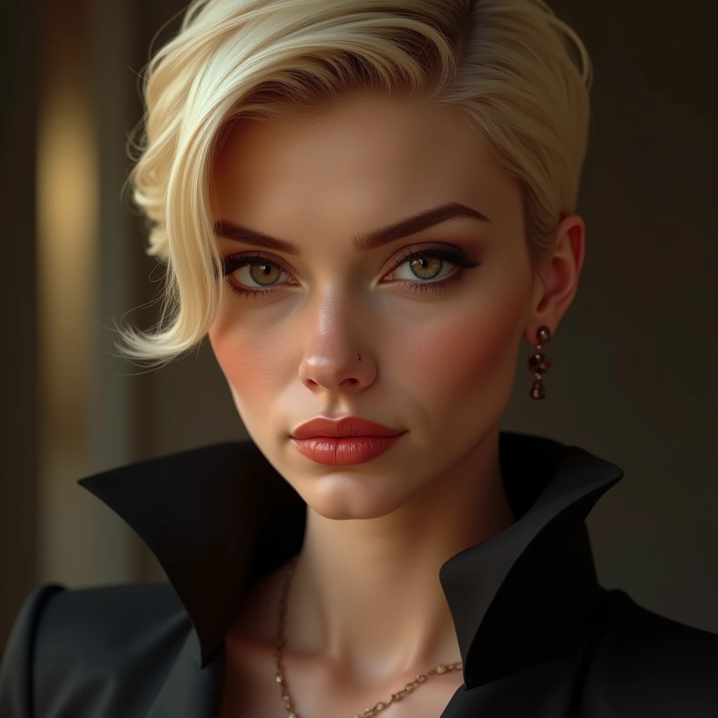 Adult female face, 30 years old, French, rich people, celebrity, arrogance, contemptuous, cruelty, Blonde, short hair, pixie cut