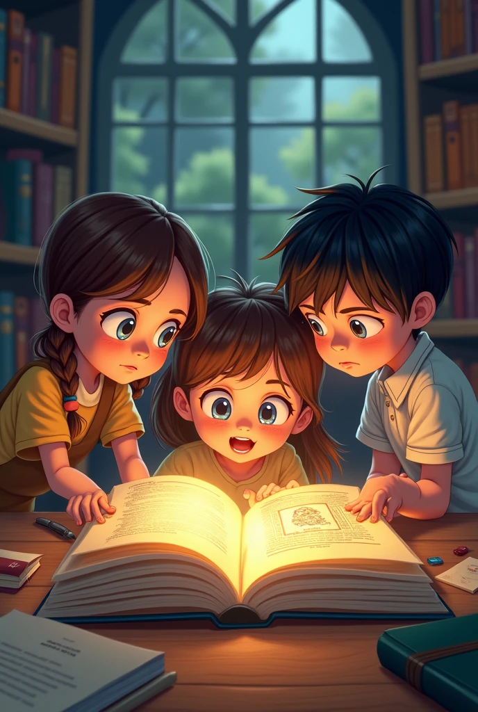 Create a picture of two school students and a girl holding a book to find the secret picture in the book (embedded puzzle game)