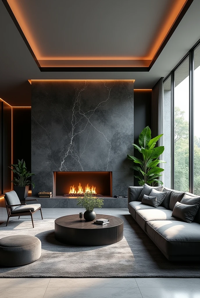 Professional 3d architecture rendering design of modern living room with so and very dark stone floranca velvet sofa set and medium flouting dark gray marble fireplace and light gray laminate and elegant and modern accessories and modern windows and black slab stone middle table and elegant and modern ceiling lighting and elegant accessories and elegant dark silk gray Persian carpet and elegant and modern ceiling lighting and modern green space