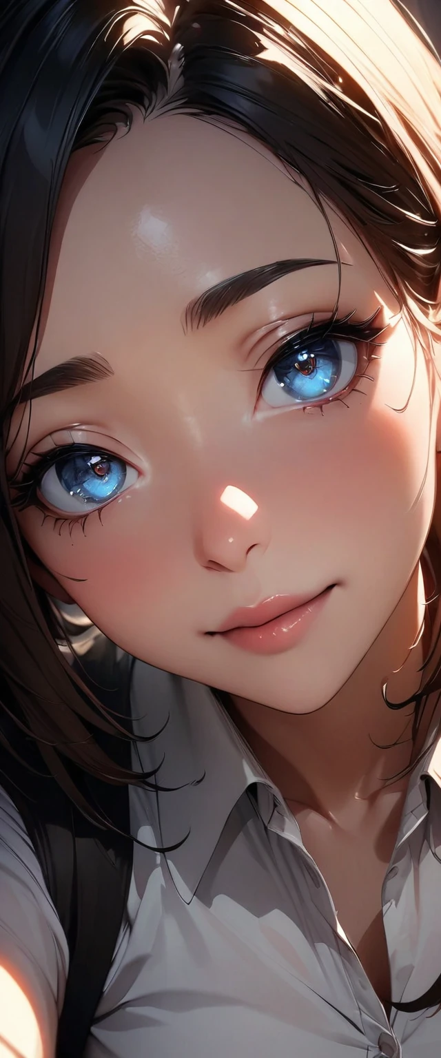 (high quality, 8k, 4K, High Contrast, masterpiece:1.2, 最high quality, Best aesthetics), 1 female, (Realistic skin texture:1.3), (Film Grain:1.3), (Selfie angle, High Angle), One Girl, Beautiful and detailed eyes and face, 最high quality, close, Upper Body,