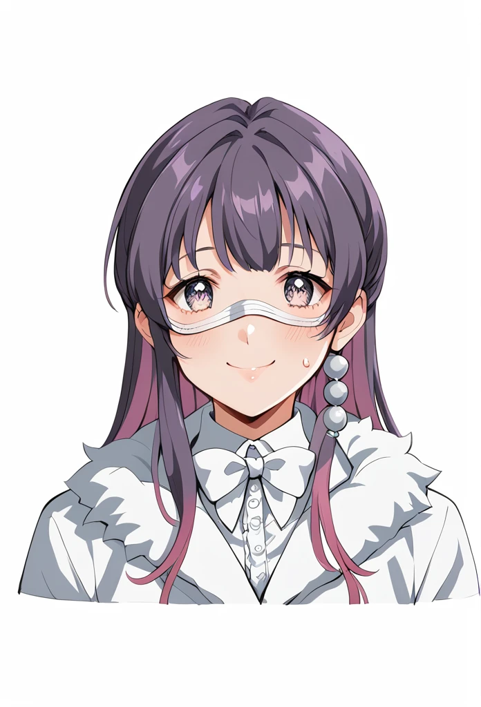 ((定制Eye mask)), ((Patterned Mask)), ((patterned Eye mask)), string hair Ribbon, Purple Hair, ((Practical)), ((Photorealism)), ((photoPractical)), ((role play)), ((real life)), 1 Girl, Solitary, Close your eyes, Black Hair, Colorful hair, blush, Fur trim, fur-trimmed coat, Smile, coat, Purple Hair, Long hair, ((Eye mask)), Bangs, Shut up, bow, Flying beads of sweat, white coat, Ribbon, bandage, Two-tone hair, Upper Body, white bow, Hair accessories