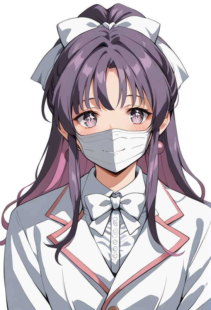 ((定制Eye mask)), ((Patterned Mask)), ((patterned Eye mask)), string hair Ribbon, Purple Hair, ((Practical)), ((Photorealism)), ((photoPractical)), ((role play)), ((real life)), 1 Girl, Solitary, Close your eyes, Black Hair, Colorful hair, blush, Fur trim, fur-trimmed coat, Smile, coat, Purple Hair, Long hair, ((Eye mask)), Bangs, Shut up, bow, Flying beads of sweat, white coat, Ribbon, bandage, Two-tone hair, Upper Body, white bow, Hair accessories