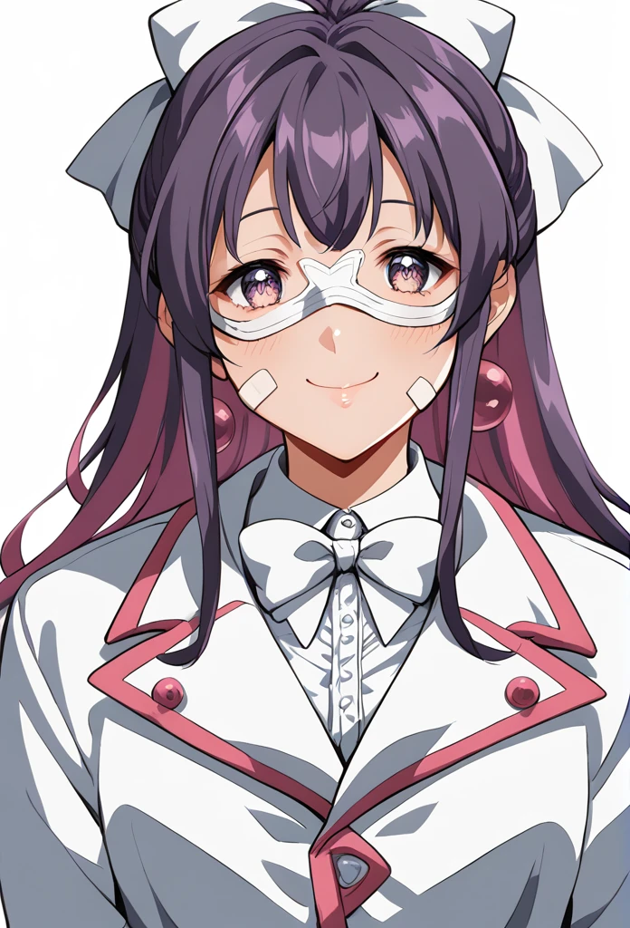 ((定制Eye mask)), ((Patterned Mask)), ((patterned Eye mask)), string hair Ribbon, Purple Hair, ((Practical)), ((Photorealism)), ((photoPractical)), ((role play)), ((real life)), 1 Girl, Solitary, Close your eyes, Black Hair, Colorful hair, blush, Fur trim, fur-trimmed coat, Smile, coat, Purple Hair, Long hair, ((Eye mask)), Bangs, Shut up, bow, Flying beads of sweat, white coat, Ribbon, bandage, Two-tone hair, Upper Body, white bow, Hair accessories