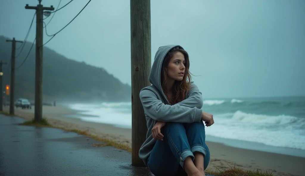 "A wide-angle shot of a beautiful young woman wearing hoodie and denim pants huddled under a beach guard post, captured on a RED Komodo 6K with a Leica Summilux-M 35mm f/1.4 lens. The scene captures the torrential rain pouring down, with the beach and ocean in the background, blurred by the shallow depth of field (f/2.0). She is seated on the wooden platform, her arms wrapped around her knees, looking out at the storm with a contemplative expression. The lighting is soft and diffused, with the grey clouds overhead casting a muted glow, enhancing the mood of solitude and introspection, reminiscent of Emmanuel Lubezki's atmospheric style."