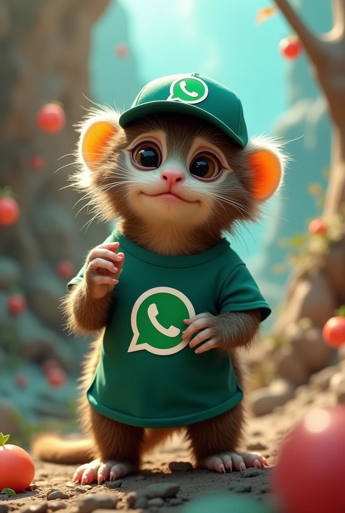 Create a profile picture of a marmoset with a WhatsApp shirt and a WhatsApp cap, add an eye-catching background