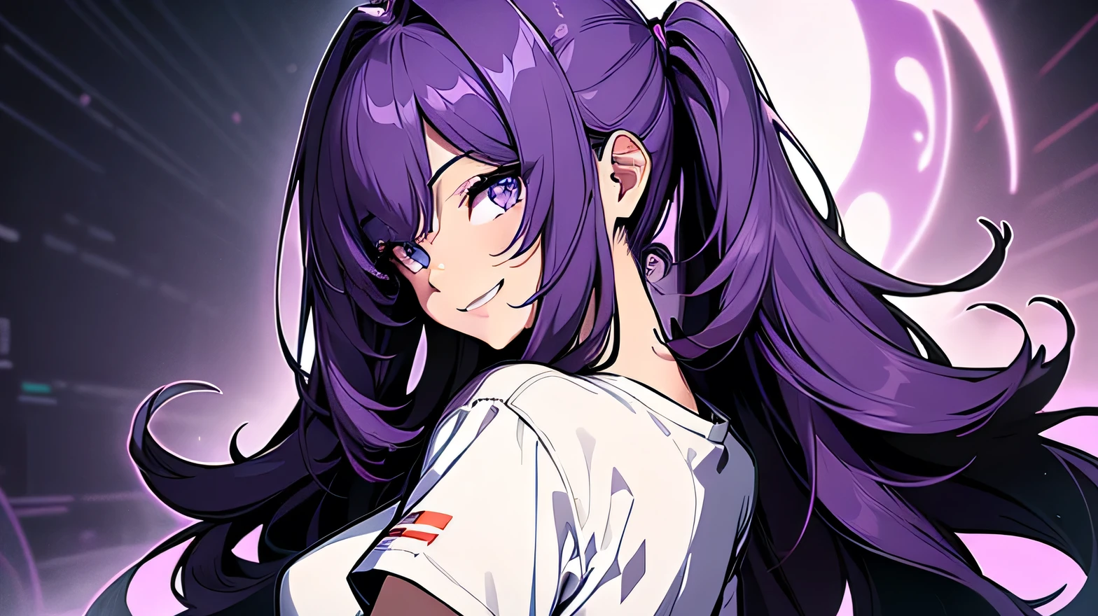 masterpiece, beautiful detailed, 1girl, (Oversized plain T-shirt), (violet long hair) and (violet eyes), hair intakes, ((smile)), ((look back)), night theme, (((bold outline))), limited palette