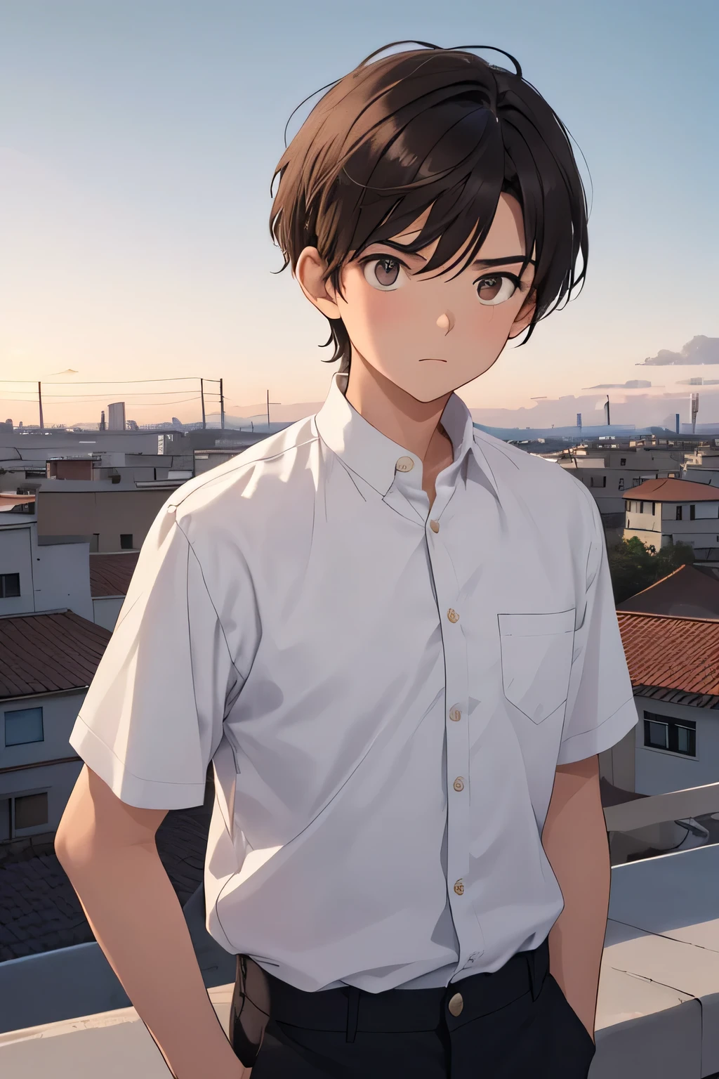 until, high quality, alone boy, 17 years, chest up take, Dark brown hair, short on the sides, fringe on one side, surprised look, mouth open and eyebrows raised in surprise, mirando hacia alguna puntil del suelo, He wears a white shirt, background, the evening sky, It is located on the roof of a high school