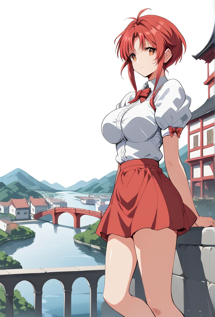 (masterpiece,up to date,exception:1.2), Japanese cartoons,1 Girl,Bangs,Black_hair, Beautiful 8k eyes,blue_sky空,bridge,architecture,castle,City,Cityscape,cloud,sky,skirt,Watching_exist_Viewer,outdoor,Red_tie,Red_Ribbon,Ribbon,river,short_hair,short_sleeve,sky空,sky空scraper,Solitary,permanent,town,wexister