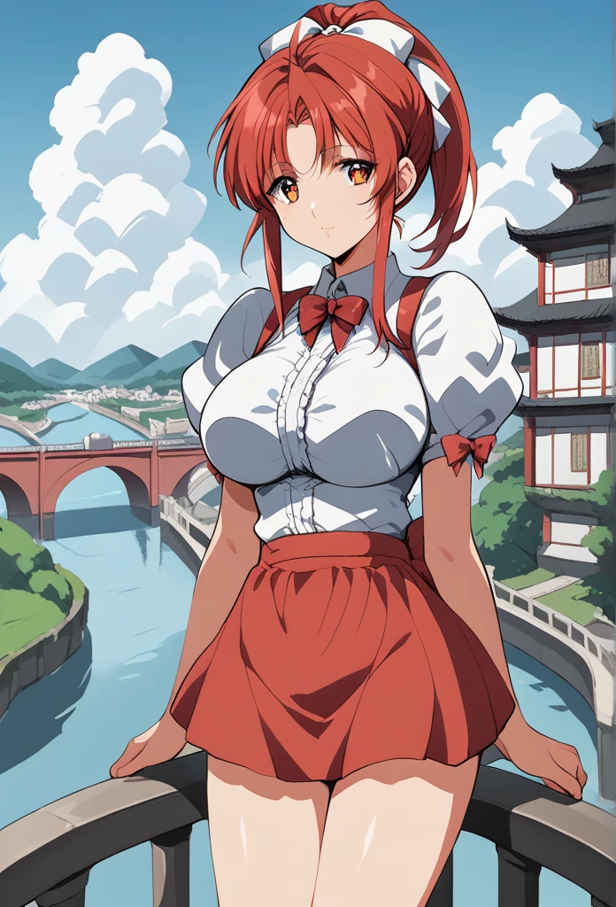 (masterpiece,up to date,exception:1.2), Japanese cartoons,1 Girl,Bangs,Black_hair, Beautiful 8k eyes,blue_sky空,bridge,architecture,castle,City,Cityscape,cloud,sky,skirt,Watching_exist_Viewer,outdoor,Red_tie,Red_Ribbon,Ribbon,river,short_hair,short_sleeve,sky空,sky空scraper,Solitary,permanent,town,wexister