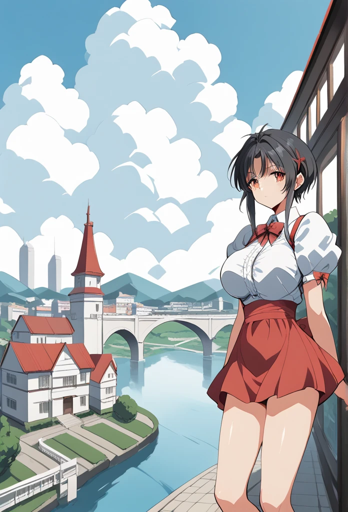 (masterpiece,up to date,exception:1.2), Japanese cartoons,1 Girl,Bangs,Black_hair, Beautiful 8k eyes,blue_sky空,bridge,architecture,castle,City,Cityscape,cloud,sky,skirt,Watching_exist_Viewer,outdoor,Red_tie,Red_Ribbon,Ribbon,river,short_hair,short_sleeve,sky空,sky空scraper,Solitary,permanent,town,wexister